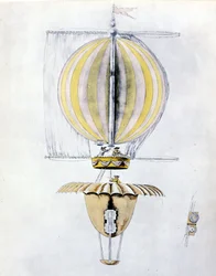 Anonym tegning af en sejlende luftskibsballon med en keglefaldskærm.