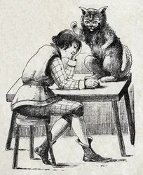 Anonym illustration til "" Le chat Botte"", fortælling af Charles Perrault (1628-1703), fransk forfatter. Billedmateriale Marcel Vagne, Jarville Nancy, udateret (slutningen af det 19. århundrede).