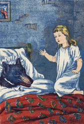 Anonym illustration til "Den lille rødhætte", fortælling af Charles Perrault (1628-1703), fransk forfatter. Billedmateriale Marcel Vagne, Jarville Nancy, udateret (slutningen af det 19. århundrede).