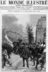 Anti-bageri demonstration: Saint Michel Square demonstration, hvor kopier af "Lantern" er brændt. Gerardin tegner til forsiden af "The Illustrous World"" fra 1888.