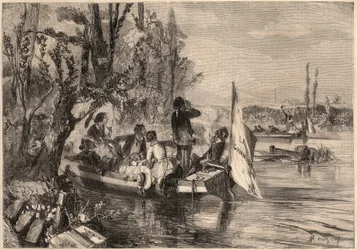 Omkring Paris i 1857. Kanosejlerne i Asnieres. Stik i “Le Monde illustrious”” fra 1857. Privat samling.