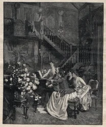 Omkring et partitur - Jules Massenet (1842-1912), fransk komponist, der spiller med vennerne "Le portrait de Manon" - Indgravering i "Le Progres illustrious" fra 1895