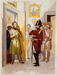 Arrestation af patriot Federico Confalonieri (1785-1846), af italienske tropper. Indgravering af Museo del Risorgimento fra det 19. århundrede, Rom