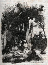 Ankomst af Rodomont og Mandricard til Merlin-fontænen - Indgravering af 1851 fra "" Roland Furieux"" (Orlando den Rasende) (1500-tallet) af Ludovico Ariosto, kendt som Ariosta - Udgave oversat fra italiensk af greven af ​​Tressan og udgivet ved