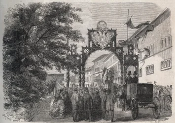 Ankomst af imponen Elisabeth af Østrig (Sissi) (Elisabeth af Østrig) i Bad Kissingen (Spa) i 1865 - indgravering i "Den illustere verden" fra 1865