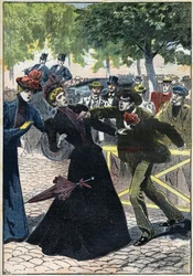 Mordet på kejserinde Elisabeth af Østrig (Sissi) begået af den italienske anarkist Luigi Lucheni i Genève i 1898. Illustration fra 1898. Privat samling - Mordet på kejserinde Elisabeth af Østrig (Sissi) begået af den italienske anarkist Luigi Lucheni i