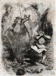 Astolphe får Caligorant til at flygte - 1851 gravering fra "" Furious Roland"" (Orlando furioso) (1500-tallet) af Ludovico Ariosto, kendt som Ariosto - Udgave oversat fra italiensk af greven af Tressan og udgivet af Gustave Harvard 1851