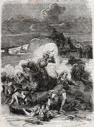 Astolphe får drabskvinder til at flygte - 1851 gravering fra "" Furious Roland"" (Orlando furioso) (1500-tallet) af Ludovico Ariosto, kendt som Ariosta - Udgave oversat fra italiensk af greven af Tressan og udgivet af Gustave Harvard 1851