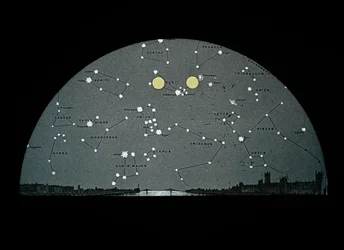 Astronomisk sort-hvid glasdias med diagram over Månens position på et stjernekort over London