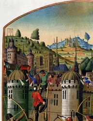 Angreb på Philippe Augustes slot med udsigt over Paris og Montfaucon-galgen under 100-års krigen, midten af det 15. århundrede. (detalje af 14103).