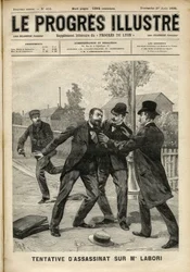 Angreb på hr. Fernand Labori (1860-1917), en advokat i forsvaret af Alfred Dreyfus (1859-1935), ramte med en kugle i ryggen i Rennes, da han var på vej til det sted, hvor sagen blev dømt. Forside til "The Progres Illustré"" fra august 1899 (gravi