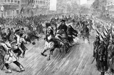 Angreb på zar Alexander II (1818 - 1881) i Sankt Petersborg i 1881. Illustration af det 19. århundrede.