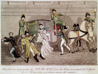 Angreb på hertugen af Berry af Louis Pierre Louvel, da han forlod operaen den 13. februar 1820. Gravering 1800-tallet.