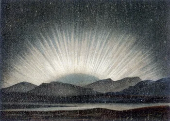 Aurora borealis af 6. august 1871, studeret ved Royal Observatory i Edinburgh ved midnat, ved måneopgang - ifølge J. Hann "" General Geology""
