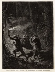 Tilbage fra jagt om natten bliver byttet, en bjørn, bundet og suspenderet fra en gren, som jægerne bærer på skulderen. Gravering til illustration af historien Quatre mois en Florida, af M. Pousselgue, i 1851-1852, udgivet i "" le tour du monde", under