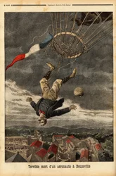 Ballonulykke i Beuzeville, efter et tab af gas, mistede flyvemanden kontrollen og faldt fra sin ballon, hvor han var gået om bord uden nacelle. Indgravering i "" Le petit journal"" 30/7/1899. Selva samling.