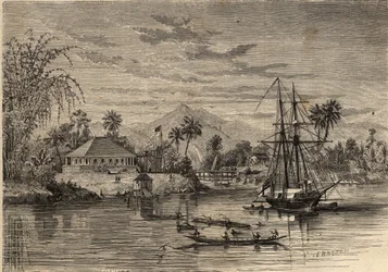 Bangalow, hjemsted for Sir James Brooke, kendt som Rajah of Sarawak (1803-1868) Britisk eventyrer første hvide rajah af Sarawak i nærheden af Sarawak (Borneo). Stik i “Le Monde illustrious”” fra 1857. Privat samling.