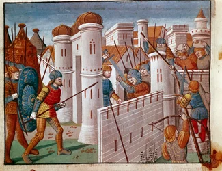 Slag ved foden af voldene i en miniatureby taget fra "The Facts of the Romans"", der fortæller om de tolv Cesars liv. Venedig fra det 13. århundrede, biblioteca Marciana