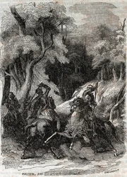 Slaget mellem Roland og Ferragus - indgravering af 1851 fra "" Furious Roland"" (Orlando furioso) (1500-tallet) af Ludovico Ariosto, kendt som Ariosta - Udgave oversat fra italiensk af greven af Tressan og udgivet af Gustave Harvard 1851