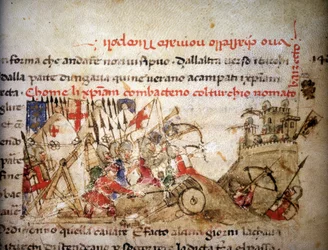 Slaget ved Nicopolis: de kristnes nederlag ved Bayezid 1. (Tyrkiet) den 28/09/1396, i «Croniche del Sercambi», cirka 1400. Statsarkivet, Lucca.
