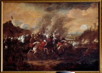 Slaget ved Wien: "Ophævelsen af belejringen af Wien af tyrkerne i september 1683" Sejr for tropperne i den kristne koalition ledet af John III Sobieski, Leopolid I og Charles of Lorraine. Anonymt maleri fra det 17. århundrede. Nancy, museumshistoriker