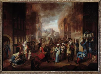 Slaget ved Wien: "Tyrkernes overgivelse ved belejringen af Wien i september 1683" Sejr for tropperne i den kristne koalition ledet af John III Sobieski, Leopolid I og Charles of Lorraine. Anonymt maleri af det 17. århundrede Nancy, Musee histo