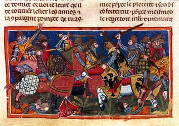 Kampscene Miniature fra en fransk kodeks på pergament "Fakta om romerne"", der fortæller den antikke historie op til Jules Cesar (101 f.Kr.-44 f.Kr.). Venedig fra det 13. århundrede, biblioteca Marciana