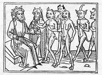 Belials retssag: «Dæmonen Belial, ledsaget af fire andre dæmoner, træder frem for dommer Salomon.» «Kobberstik fra ‘Belials retssag’ af Jacobus de Teramo (eller Palladino), Augsburg»