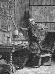 Benjamin Franklin i sit fysiklaboratorium i Philadelphia. I "Album of Science"", Editions Jouvet