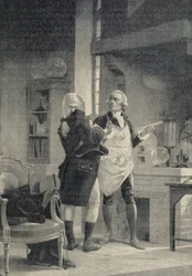 Berthollet besøger Lavoisier på Sorbonne-laboratoriet - i "Universet og menneskeheden"" af H. Kraemer