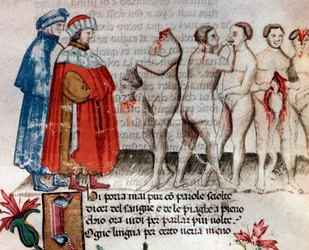 Bertrand de Born holder sit halshuggede hoved (sang 28 fra Helvede, i den guddommelige komedie) - miniature 15. århundrede,