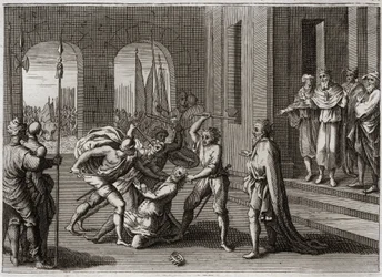 Bible of Royaumont, Det Gamle Testamente: Agag redder. Saul reddede, imod Guds befaling, Amalekiternes konge Agag. Gud får ham til at vidne om sin vrede ved Samuel, som reparerede Sauls fejl ved at dræbe Agag. Illustration fra 1811.