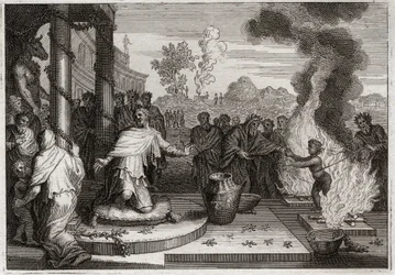 Bible of Royaumont, Gamle Testamente: Ahaz Unholy King. Den onde Ahaz, Judas konge, irriterer Gud og bliver overgivet til fjenderne. Illustration fra 1811.