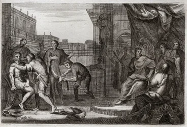 Bible of Royaumont, Gamle Testamente: Davids ambassadører. David sendte Joab mod ammonitterne for at hævne sig for den fornærmelse, som deres fyrste Hanon havde gjort mod sine ambassadører, som han havde taget som spioner. Illustration fra 1811.