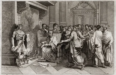 Bible of Royaumont, Gamle Testamente: Baruch profet. Kong Joachim (Joakim, Joachin, Jechonias) skærer rullen, der indeholder Jeremias