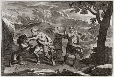 Bible of Royaumont, Gamle Testamente: Samsons fødsel. Samson river en løve i stykker. Illustration fra 1811.
