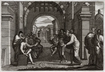 Bible of Royaumont, Gamle Testamente: Boaz (Booz), nær slægtning til Ruth, hustru i henhold til lovens forordning. Illustration fra 1811.