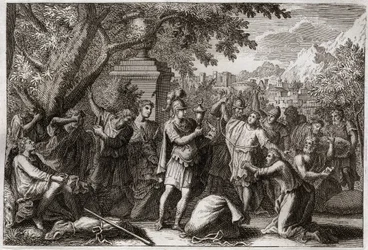 Bible of Royaumont, Gamle Testamente: Brødre til Joseph. Joseph får sine brødre sat i fængsel. Illustration fra 1811.