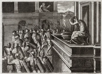 Bible of Royaumont, Gamle Testamente: Davids eller Betsabees forbrydelse i badet. David så Bethsabee langvejs fra, hustruen til hetitten Urias (eller hetitten Urias) bade, og han fik et dårligt ønske om hende og dræbte derefter hendes mand Uria. Illustrati