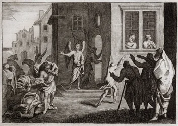 Bible of Royaumont, Gamle Testamente: Sodomitternes forbrydelser. Loth modtager engle i sit hus. Sodomitterne (Sodoma) ønsker at volde dem. Englene slår dem blindt. Illustration fra 1811.
