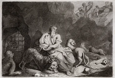 Bible of Royaumont, Det Gamle Testamente: Daniel i Løvegraven. Daniel bliver sat i Lions pit, og er mirakuløst beruset. Illustration fra 1811.