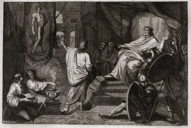 Bible of Royaumont, Gamle Testamente: Daniel profet. Profeten Daniel åbenbarer for kong Nebukadnezar II en drøm, han havde, og forklarer ham, hvad han mente. Illustration fra 1811.