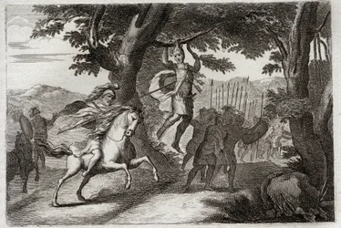 Bible of Royaumont, Gamle Testamente: Absaloms død. Absalom (eller Avshalom, Absalom), der flygter fra kamp, bliver fanget af håret har en eg, eller Joab gennemborer ham hjertet af tre darter. Illustration fra 1811.