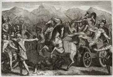 Bible of Royaumont, Gamle Testamente: Akabs død. Akab (Akhab) førte krig mod Syrien og blev dræbt med en tilfældig pil. Illustration fra 1811.