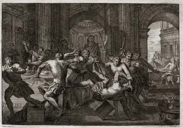 Bible of Royaumont, Det Gamle Testamente: Amnons død. Absalom (eller Avshalom, Absalon) bliver forsonet med David får hans bror Amnon (Ammon) til at flygte til en fest. David er tvunget til at flygte fra Jerusalem og lider denne forfølgelse med en vidunder