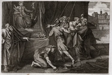 Bible of Royaumont, Gamle Testamente: Eleazars død. Den gamle helgen Eleazar blev dræbt efter ordre fra Antiochos IV Epiphane (175-164 f.Kr.), fordi han ikke ønskede at foregive at spise forsvaret kød. Illustration fra 1811.