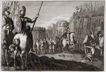 Bible of Royaumont, Gamle Testamente: Sebas død. Og Seba (Sjeba) rejste sig imod David og førte de ti Stammer bort efter ham, og Joab forfulgte i Abela, eller hans Hoved blev hugget af efter en Kvindes Råd. Illustration fra 1811.