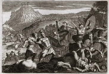 Bible of Royaumont, Gamle Testamente: Nederlag for Amalec (Amalek). Moses vandt sejren over amalekiterne ved at holde sine hænder højt i himlen. Illustration fra 1811.