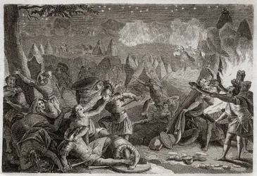 Bible of Royaumont, Det Gamle Testamente: Midjanitternes nederlag ved lyden af trompeterne og ved lampernes lys. Illustration fra 1811.