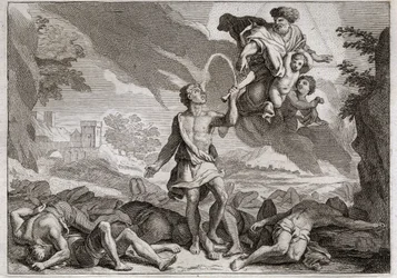Bible of Royaumont, Det Gamle Testamente: Filisternes nederlag. Samson dræber tusind filister med et æselkæbe. Gud får vand til at strømme ud af kæben, så Samson kan slukke sin tørst. Illustration fra 1811.